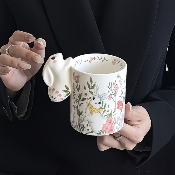 Cute Cartoon Bunny Ear Ceramic Mug - Multifunctional Coffee & Water Mug for Home and Office