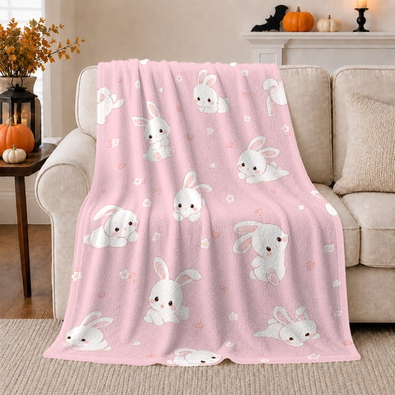 Cute Cartoon Bunny, Playful Woodland Scene, Warm Flannel Blanket for Sunroom and Reading Nook with Detailed Artwork, Wildlife Lovers Thanksgiving Gift, Playful Home Decor