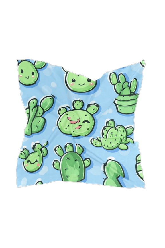 Cute Cartoon Cactus on Blue Background Square Silk Scarf, 23.6223.62in Polyester Simulated Silk Satin Scarf Tops for Women Head Wraps Shirt Bandana Curly Hair Tie Headband Headscarf
