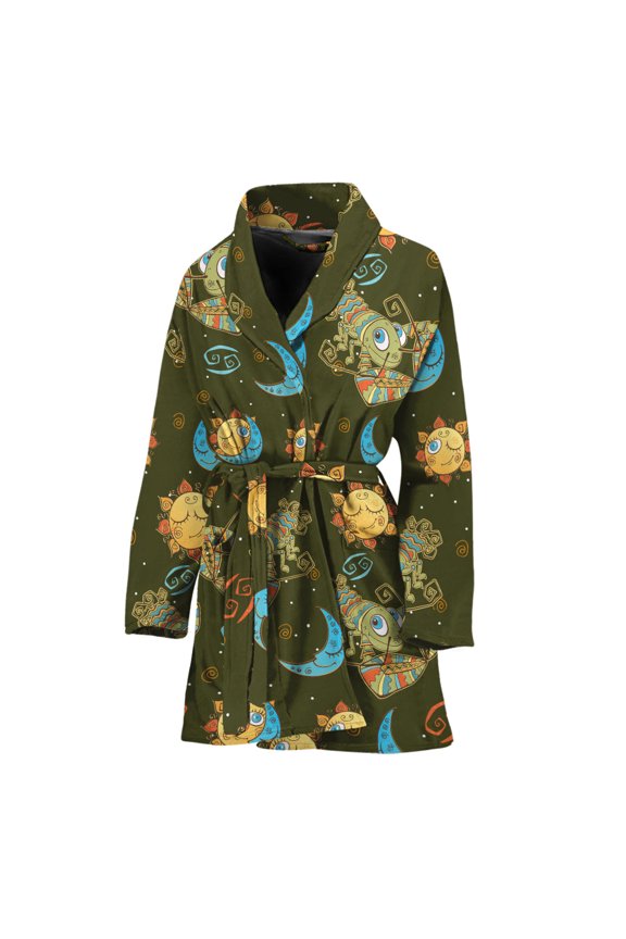 Cute Cartoon Cancer Pattern Women Bathrobe One Size Univeral Fits, Zodiac Horoscope Fashion Lightweight Plush Fleece Long Robe For Women