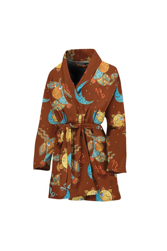Cute Cartoon Capricorn Pattern Women Bathrobe One Size Univeral Fits, Zodiac Horoscope Fashion Lightweight Plush Fleece Long Robe For Women