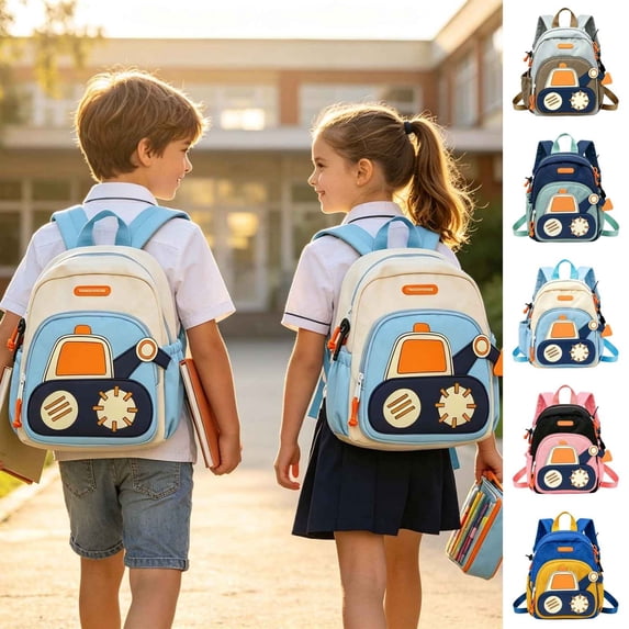 Cute Cartoon Car Print Primary School Backpack for Age 4t 5t 6t, 5th 6th Adjustable Straps Lightweight Waterproof Daypack