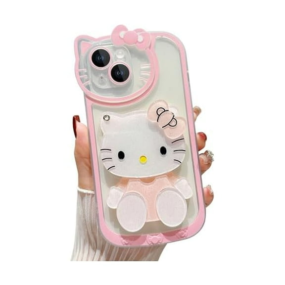 Cute Cartoon Case for iPhone 13 6.1 inch, 3D Bow Kawaii Pink Cartoon Cat Case with Face Makeup Mirror for Women Girls Soft Silicone Clear Protective Phone Cover for iPhone 13, Pink