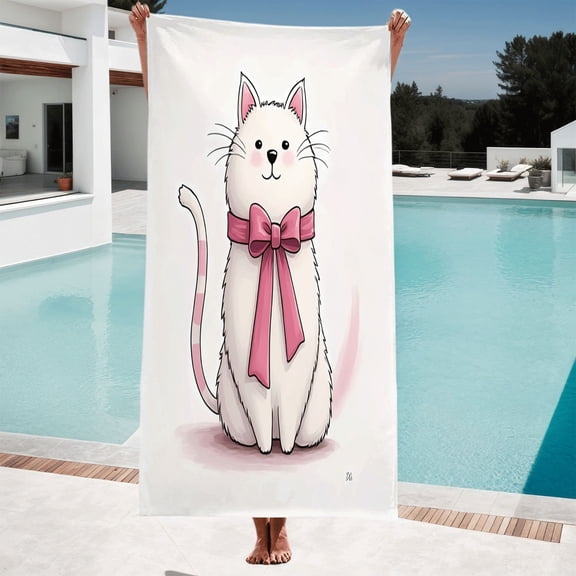 Cute Cartoon Cat Bath Towel - Fluffy White Coat Pink Accents & Bow Perfect for Beach Pool or Travel - Adorable Design