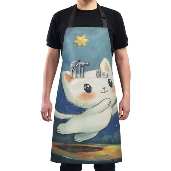 Cute Cartoon Cat Chef Kitchen Apron with Pockets for Women Waterproof Aprons for Cooking Baking