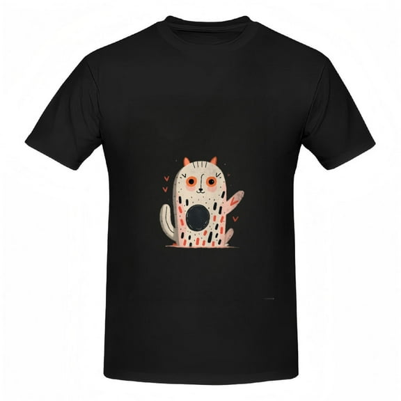Cute Cartoon Cat Cotton Short Sleeve T-Shirt for Women - Light Body with Black & Orange Spots Heart Accents Fun Tee Top