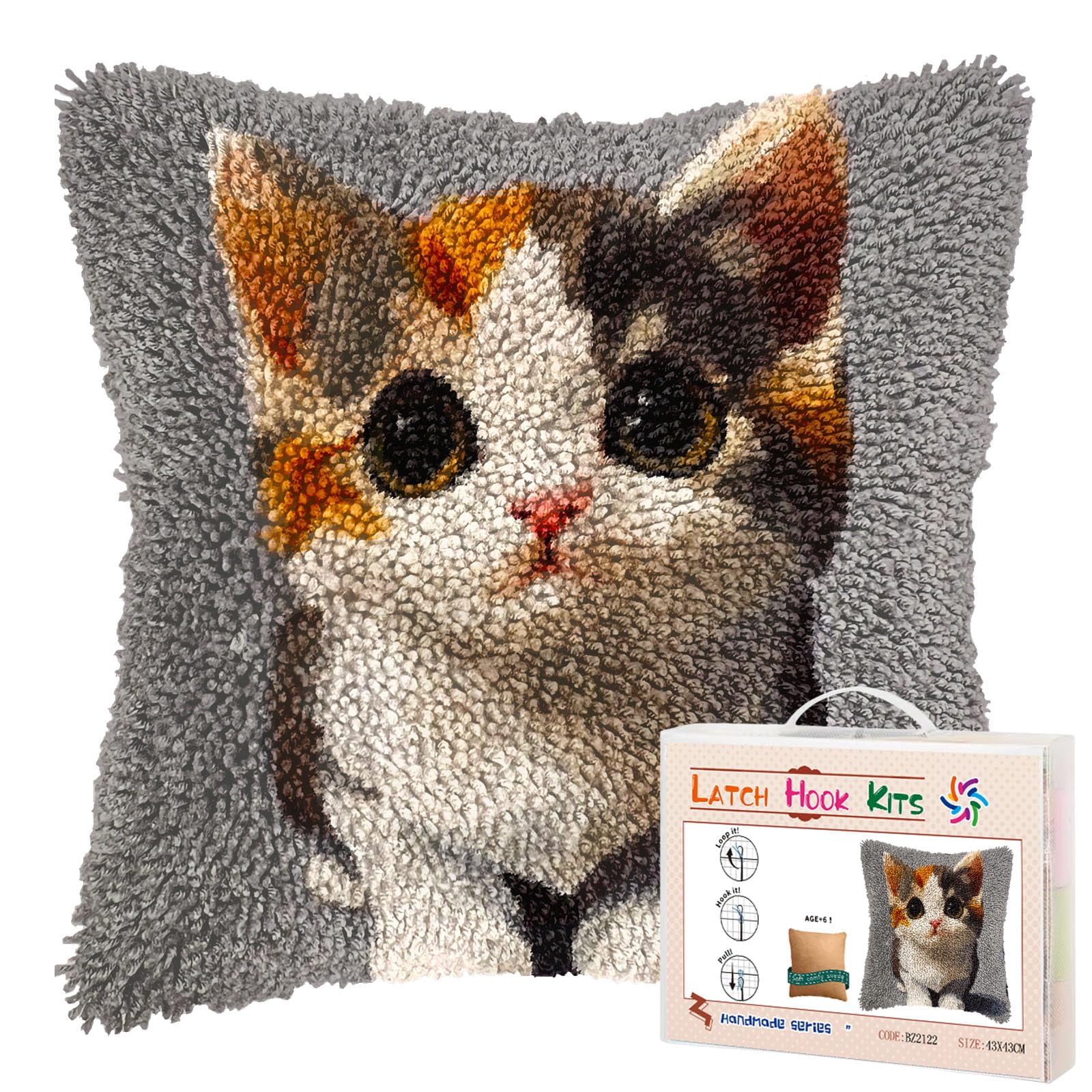Cute Cartoon Cat DIY Latch Hook Pillow Kits for Adults Printed Pillowcase Crochet Yarns Hooking Handmade Pillow Cover Cushion for Home Sofa Decoration 17x17inch