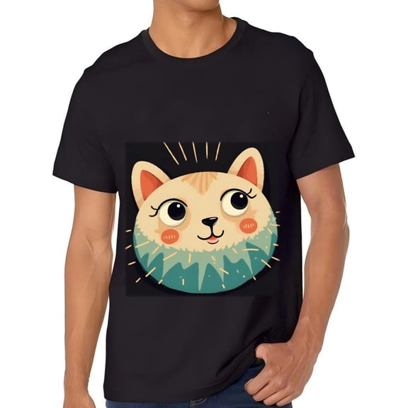 Cute Cartoon Cat Face Cotton Short Sleeve T-Shirt for Men - Playful Design with Blushed Cheeks & Radiating Lines