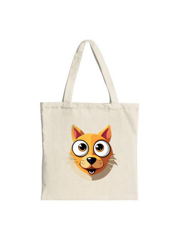 Cute Cartoon Cat Face Tote Bag - Large Eyes Playful Expression Light Fabric Perfect for Shopping Travel and Parties