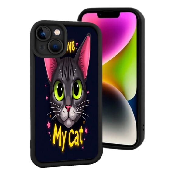 Cute Cartoon Cat Face iPhone 15 Case - Lightweight Yellowing Resistant Dark Blue with Pink Stars Green Eyes ' My Cat ' Text