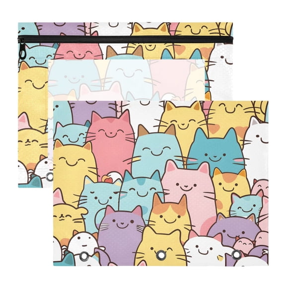 Cute Cartoon Cat Faces 3-Ring Binder Pouches A4 Size Zipper Pocket File Storage 2 Packs