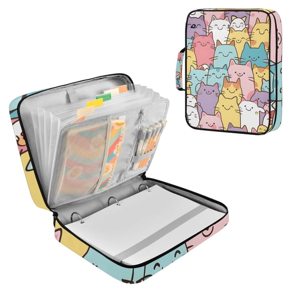 Cute Cartoon Cat Faces Accordion File Organizer Expanding File Folder 3-Ring Binder Bag 500 Sheets A4 Size