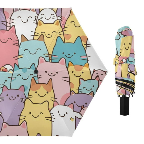 Cute Cartoon Cat Faces All Weather Umbrella Triple Folding Parasol 6 Ribs UV Protection Portable