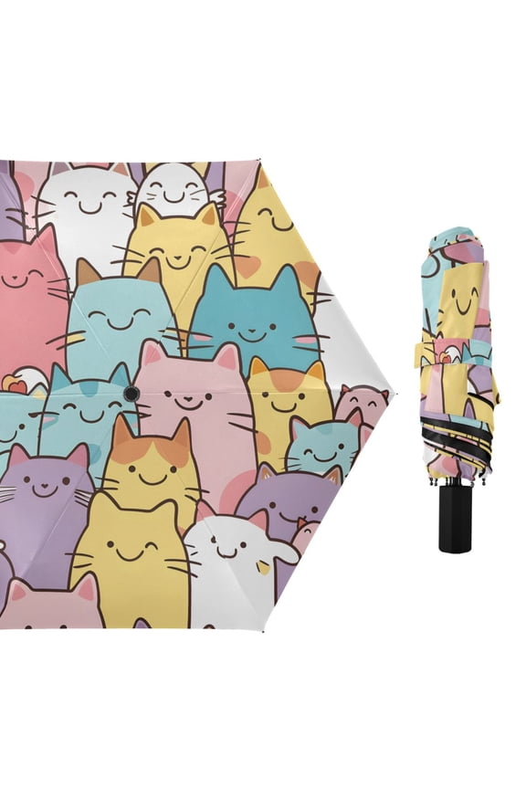 Cute Cartoon Cat Faces All Weather Umbrella Triple Folding Parasol 6 Ribs UV Protection Portable