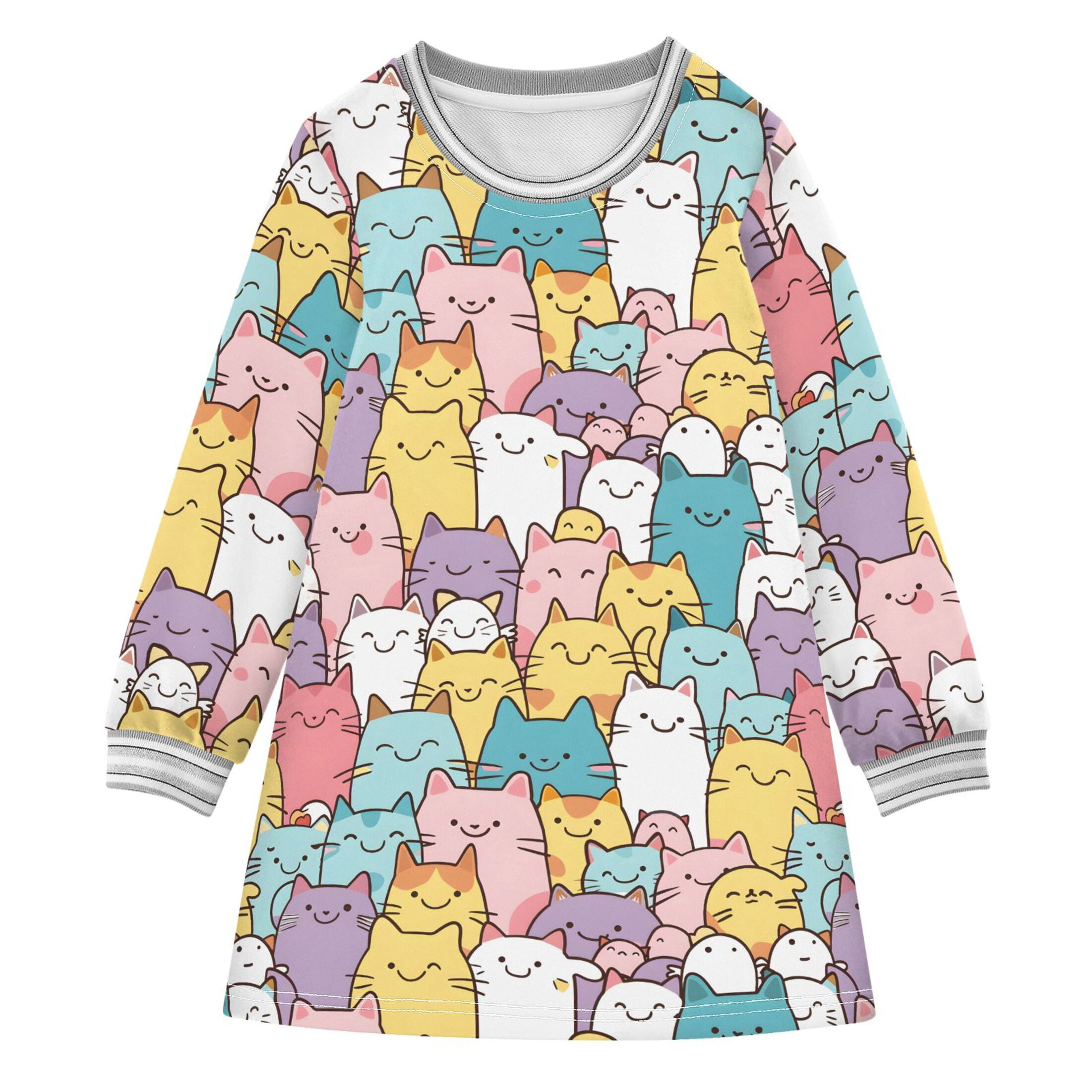 Cute Cartoon Cat Faces Girl's Long-sleeved Dress A-line One-Piece Dress ...