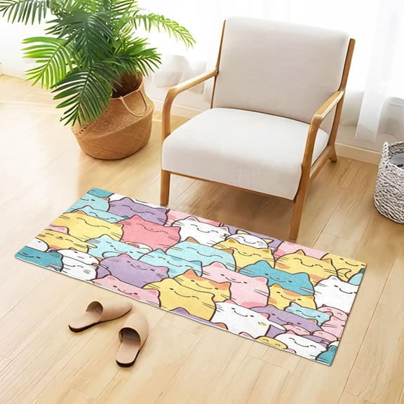 Cute Cartoon Cat Faces Plush Carpet Non Slip Runner Rug Absorbent Bath Mat 39" x 20"