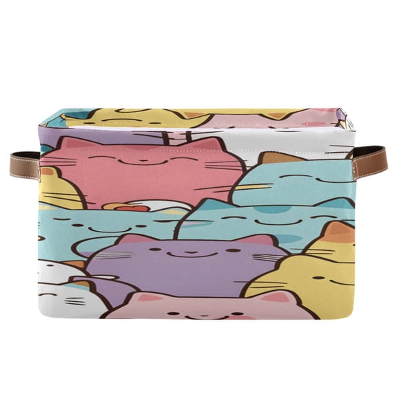 Cute Cartoon Cat Faces Square Storage Bins with Handles Collapsible Containing Box 1 Pack