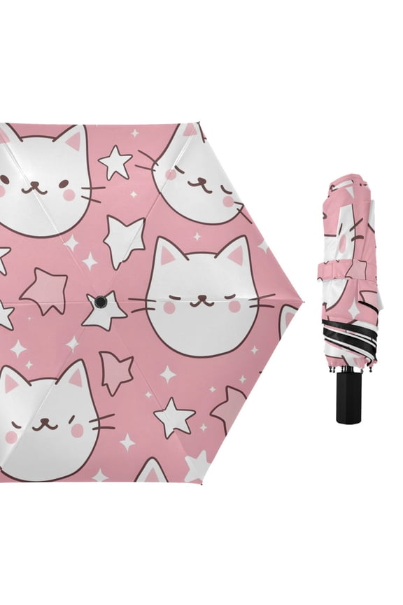 Cute Cartoon Cat Faces Stars All Weather Umbrella Triple Folding Parasol 6 Ribs UV Protection Portable