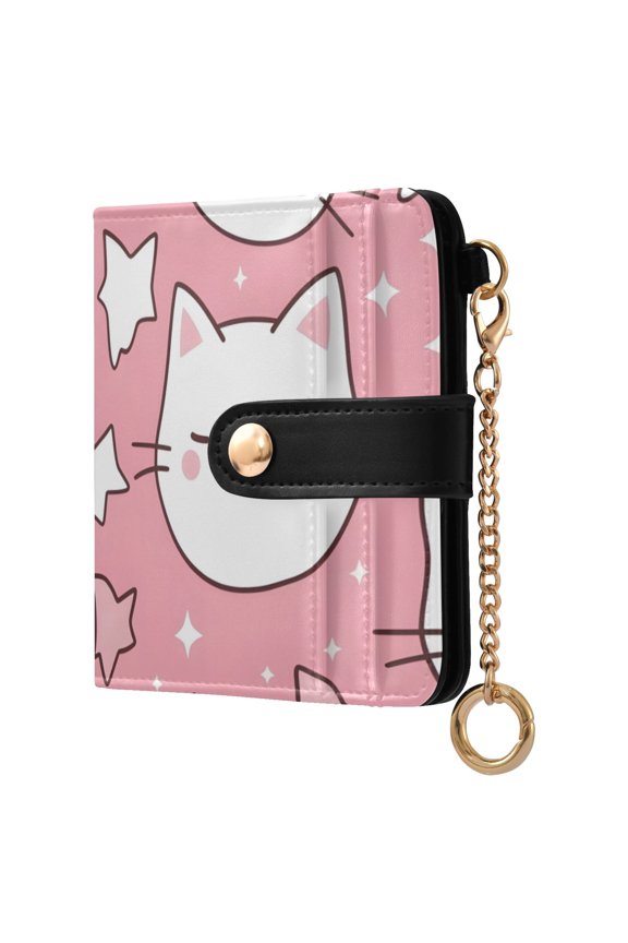Cute Cartoon Cat Faces Stars Women's Wallet PU Leather Card Cases RFID Blocking Purse Billfold with Key Ring