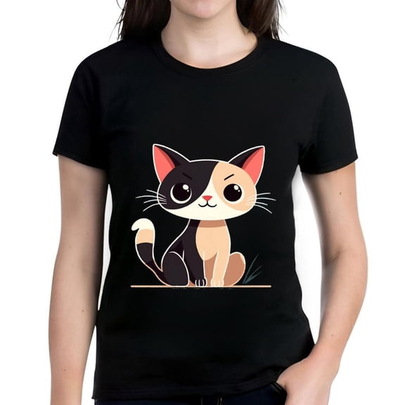 Cute Cartoon Cat Graphic Cotton Short Sleeve T-Shirt for Women - Playful Black and White Design with Expressive Eyes