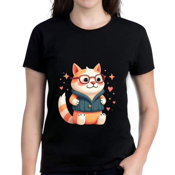 Cute Cartoon Cat Graphic Tee for Women - Short Sleeve Cotton T-Shirt with Whimsical Hearts & Stars Design on Black Background