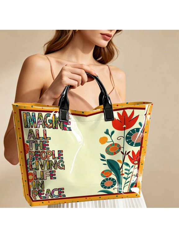 Cute Cartoon Cat Hello Summer Print Tropical Palm Floral Top Handle Tote Bag, Large Capacity Handbag for Shopping Travel Commuting, Summer Beach Bag for Women Cat Lovers