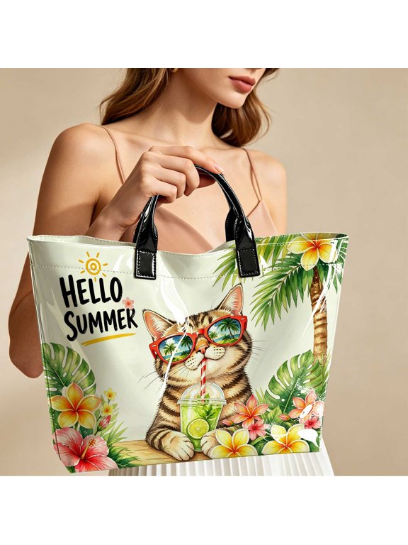 Cute Cartoon Cat Hello Summer Print Tropical Palm Floral Top Handle Tote Bag, Large Capacity Handbag for Shopping Travel Commuting, Summer Beach Bag for Women Cat Lovers