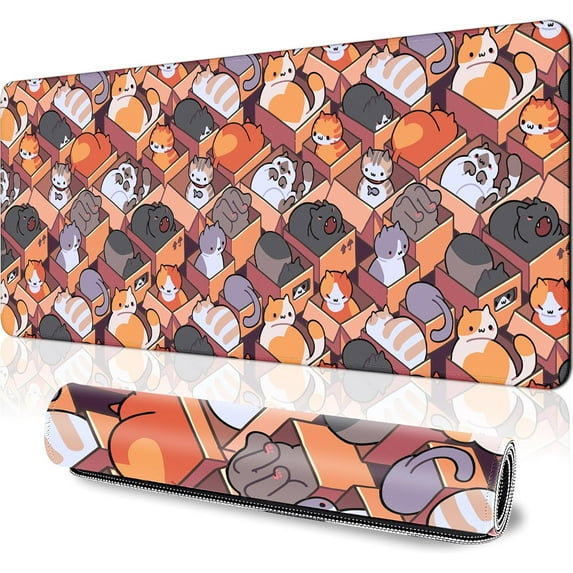 Cute Cartoon Cat Large Mouse Pad, Kawaii Desk Mat Anime Gaming Mouse Pad Large 31.5x11.8in,Extended Big Computer Keyboard Mouse Mat Desk Pad,Non-Slip Base Mousepad with Stitched Edges for Home Office