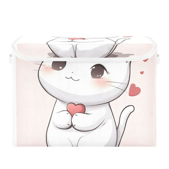Cute Cartoon Cat Large Storage Bins with Linen Collapsible Lid Storage Box 16.7 x 12.6 x 11.8in
