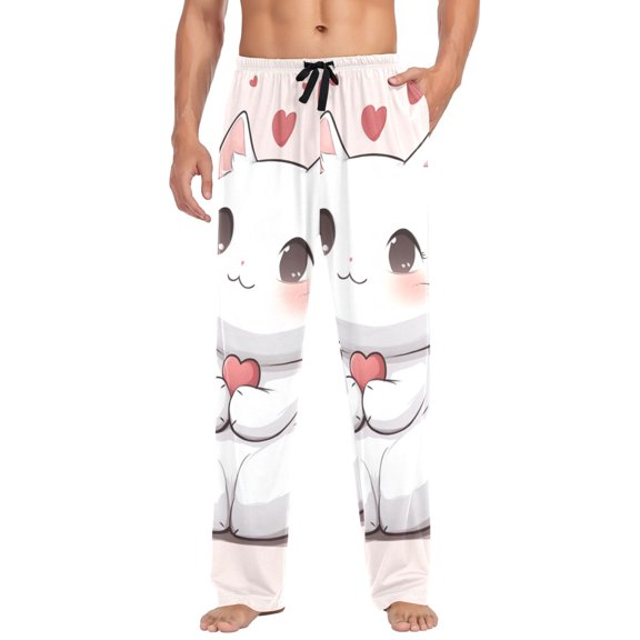 Cute Cartoon Cat Mens Cotton Pajama Pant Sleep and Lounge Bottons with Pockets