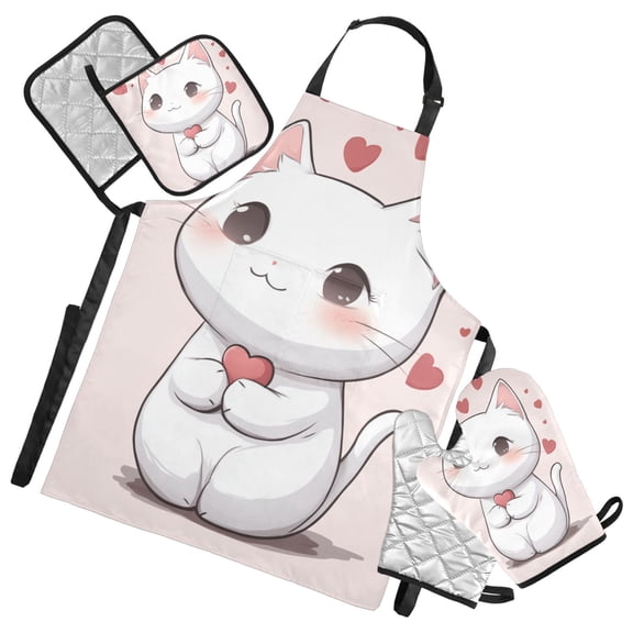 Cute Cartoon Cat Oven Mitts and Pot Holders with Chef Apron Set 5 Pcs Kitchen Cooking Set