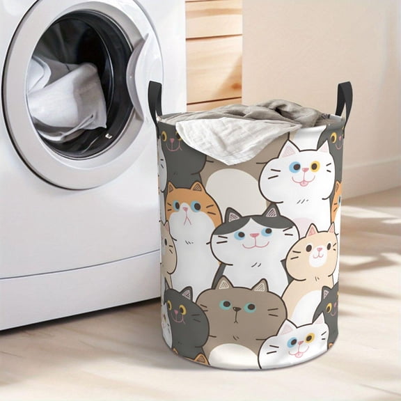 Cute Cartoon Cat Pattern Laundry Hamper Portable Storage Hamper with Sturdy Handle, Oxford Cloth, Easy to Store and Collapsible Design, Laundry Baskets