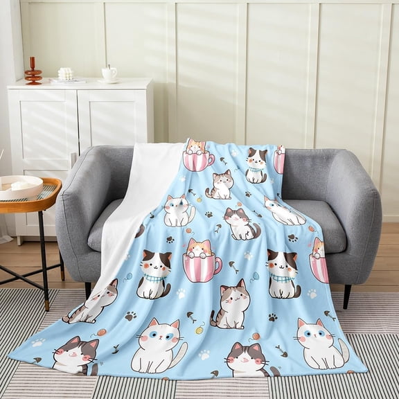 Cute Cartoon Cat Plush Throw Blanket for Couch Bed Blue Fluffy Soft Warm Microfiber Fleece Blanket