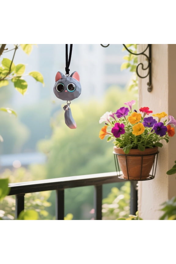 Cute Cartoon Cat Shape Car Rearview Mirror Pendant, Cute Cat Keychain for Car,Bell Decorated Interior Decoration for Car & Bag (Gray)