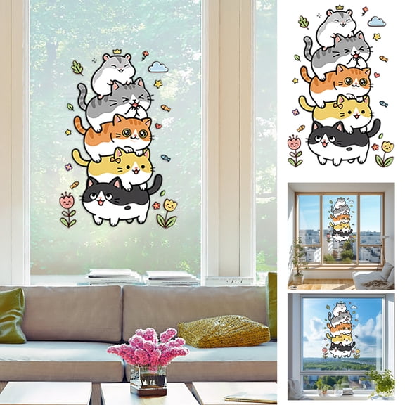 Cute Cartoon Cat Static Window Clings, Reusable No‑Glue Electrostatic Stickers for Glass Doors/Windows, Decorative Decals That Add Playful Touch to Home Kitchen/Bedroom Decoration, 24*12in, Colorful