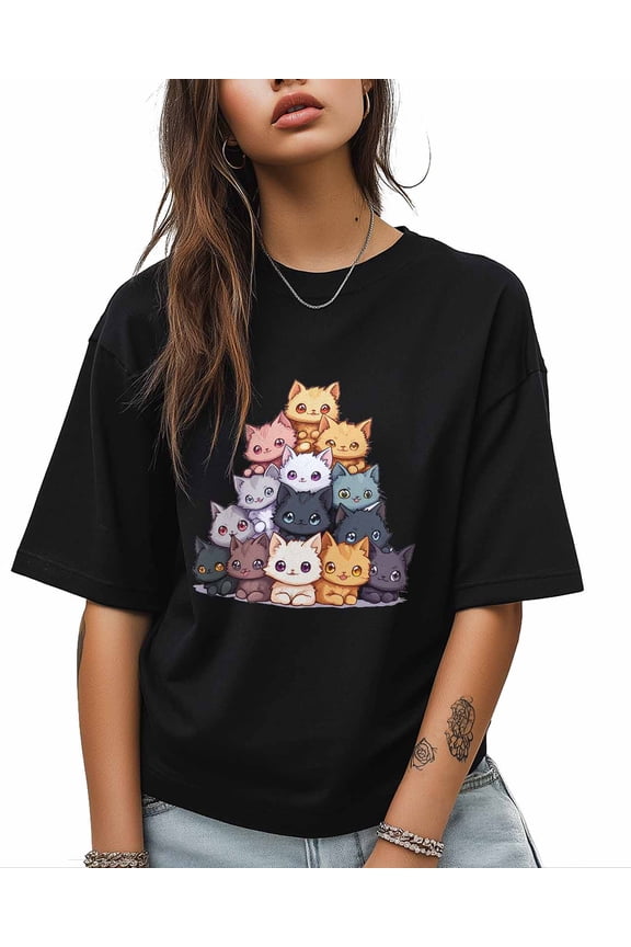 Cute Cartoon Cat T Shirts for Women Short Sleeve Cotton Crewneck T-Shirt Animals Focus Photo Tee Tops Casual Basic T-Shirts, XS-5XL Black XS