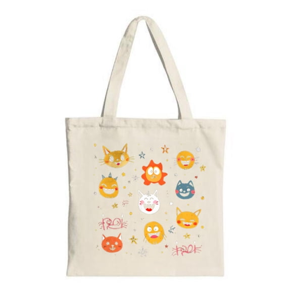 Cute Cartoon Cat Tote Bag - Cream Canvas Colorful Expressions Stars & Dots Perfect for Shopping Travel & Parties