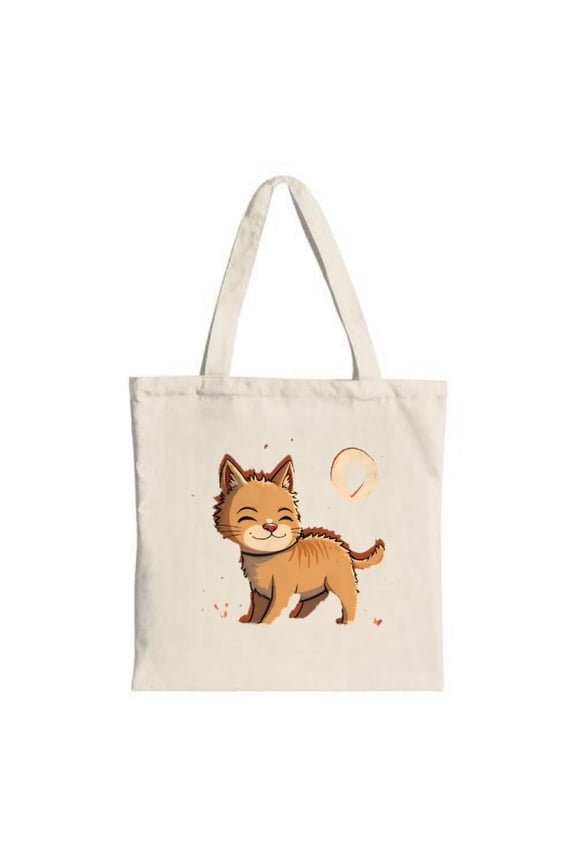 Cute Cartoon Cat Tote Bag - Fluffy Tail Smiling Design with Heart & Red Dots - Perfect for Shopping Travel & Parties