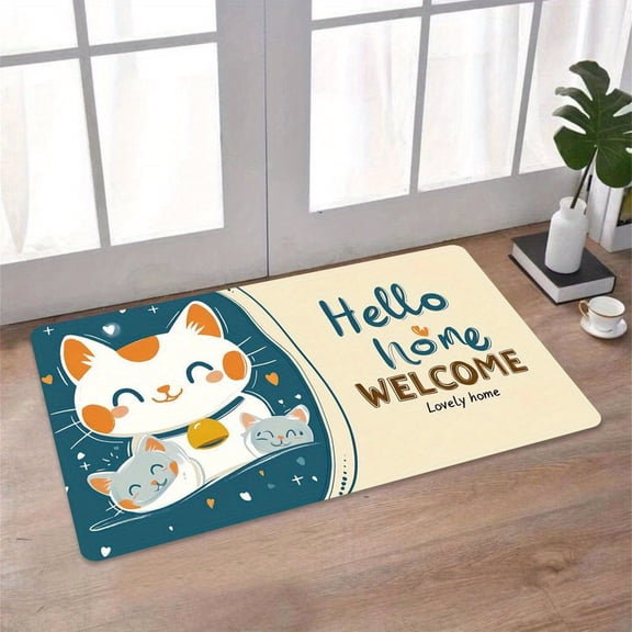 Cute Cartoon Cat Welcome Mat (1-Pack) - "Hello, Home" Pattern, Machine Washable, Durable Polyester Material, Suitable for Outdoor Porch, Kitchen, Living Room, Bathroom, or Office Decoration.
