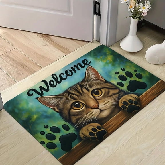 A Cute Cartoon Cat Welcome Mat. It Is Non-Slip,Absorbent, Sturdy,And Durable, Machine Washable, Making It Perfect for Outdoor Use, Camping, Living Rooms, Kitchens, Bathrooms, Bedrooms, And Home Decor