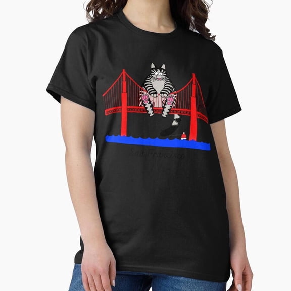 Cute Cartoon Cat on Golden Gate Bridge San Francisco T-Shirt H3205, for Unisex, Up to Size 5XL
