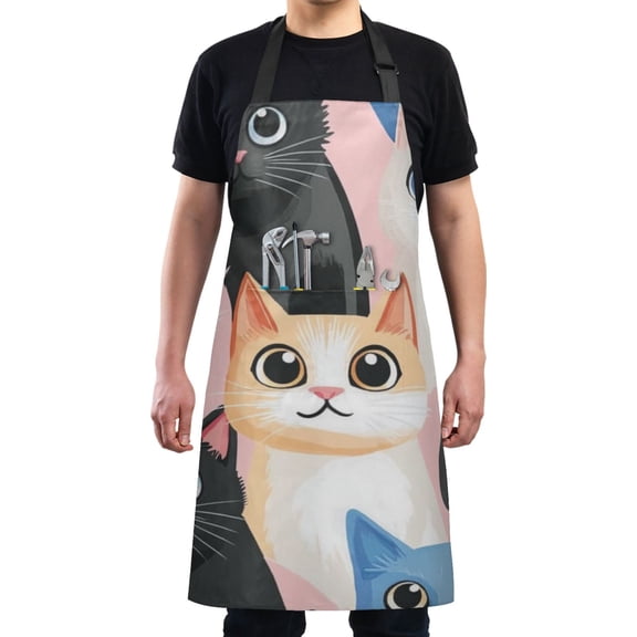 Cute Cartoon Cats Chef Kitchen Apron with Pockets for Women Waterproof Aprons for Cooking Baking