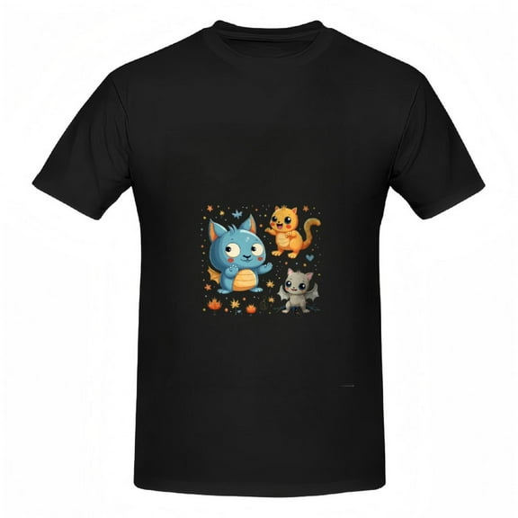 Cute Cartoon Cats Cotton Short Sleeve T-Shirt for Women - Playful Blue Orange & Gray Cats with Halloween Pumpkin & Star Pattern Tee Top