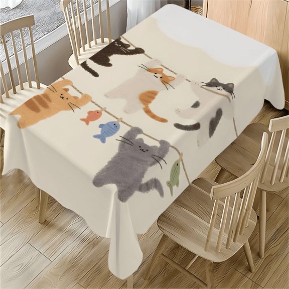 Cute Cartoon Cats Hanging on Rope Tablecloth 55x77.1 Inches - Kawaii Design for Dining Table, Desk, Party, Outdoor Use