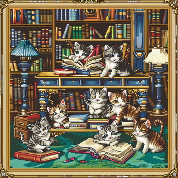 Cute Cartoon Cats Playing Books DIY 11CT Stamped Cross Stitch Kits for Beginners Easy Needlepoint Embroidery Counted Cross Stitch Art Craft for Wall Decoration 14x14inch(8)