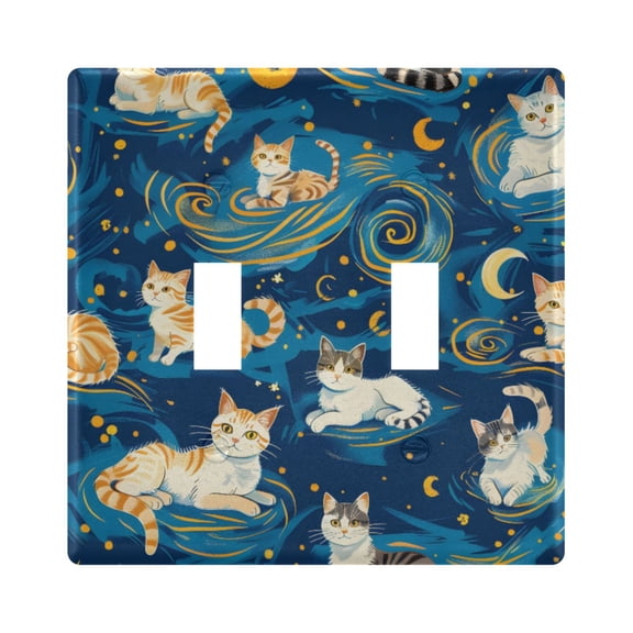 Cute Cartoon Cats Starry Night Style Light Switch Cover Electrical Outlet Cover Replaceable Wall Plates 2-Gang