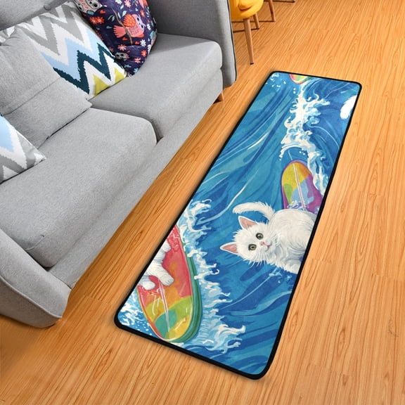 Cute Cartoon Cats Surfing Long Floor Mat Runner Rug Area Mat Noise Reduction Water Absorbent Non-Slip 72" x 24"