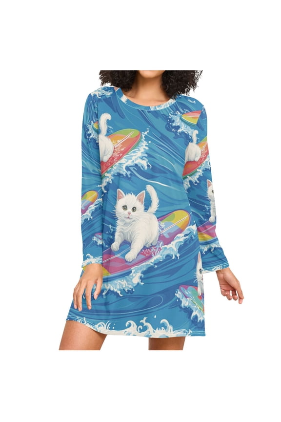 Cute Cartoon Cats Surfing Women's Long Sleeves Nightgowns Sleepwear Soft Pajama A-line Sleep Dress L