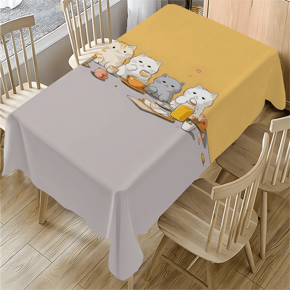 Cute Cartoon Cats Tea Party Tablecloth 55x77.1 inches - Soft Polyester Design for Dining, Desk, Party, Outdoor Use