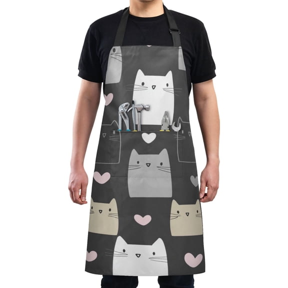 Cute Cartoon Cats and Hearts Chef Kitchen Apron with Pockets for Women Waterproof Aprons for Cooking Baking